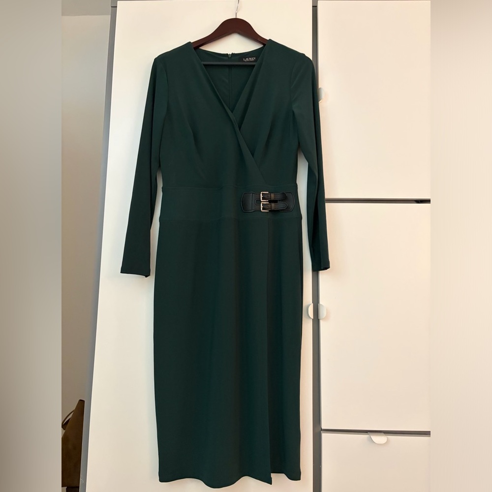 Lauren Ralph Lauren Deep Forest Green Wrap Dress with Buckle Detail